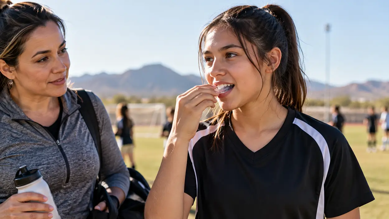 Teen soccer player fitting a clear sports mouthguard before practice while a parent stands nearby on a sunny outdoor field.