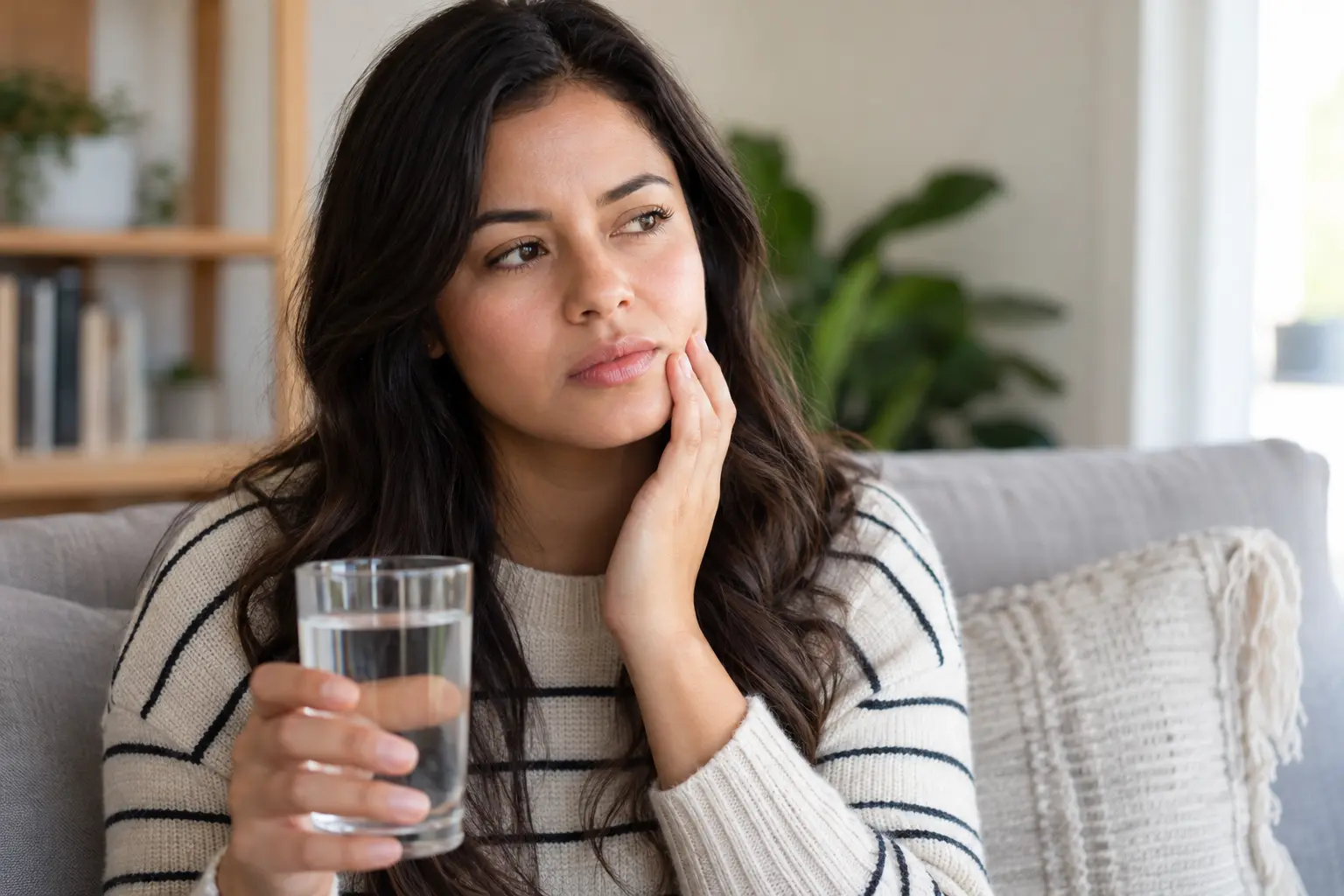 Adult woman holding a glass of water at home, reflecting the everyday discomfort of persistent dry mouth.